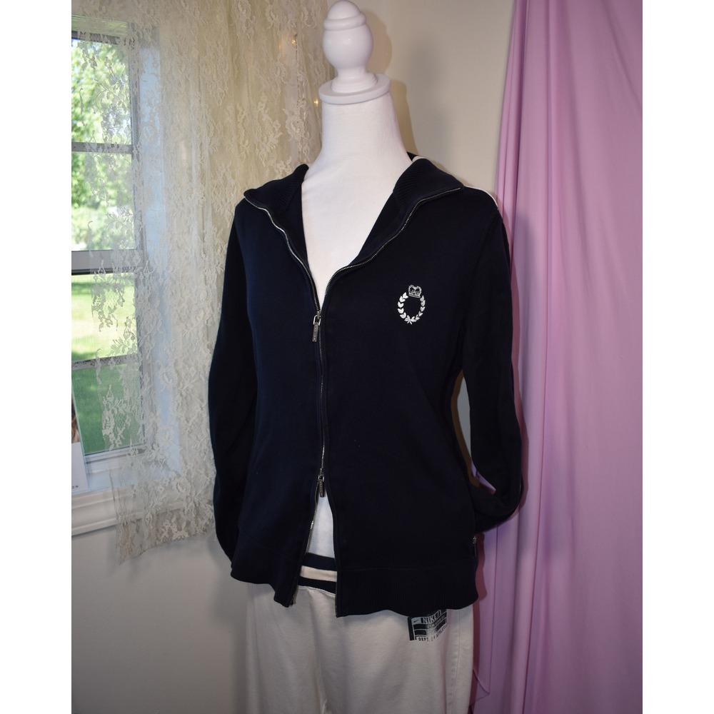 Lauren Active Ralph Lauren Navy Blue Knit Track Jacket White Stripe Women L